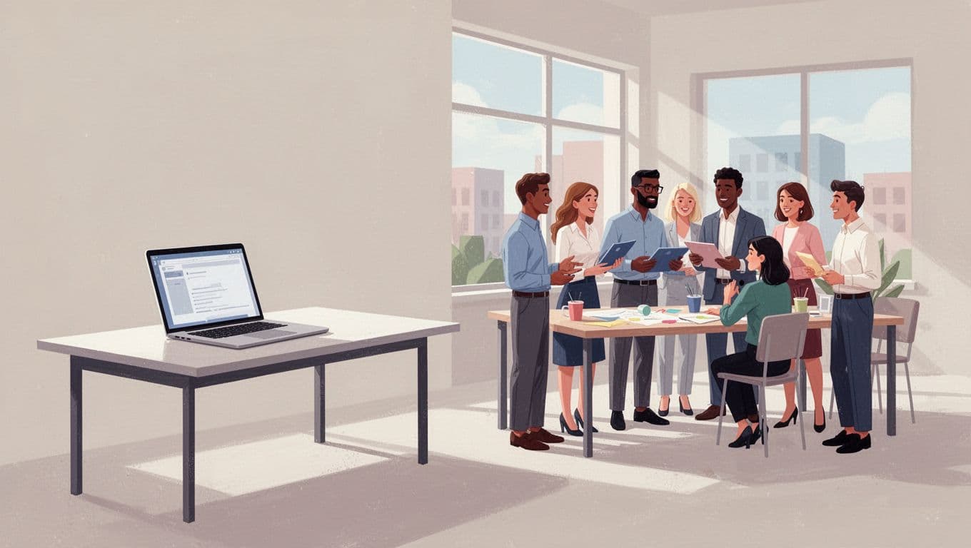 A minimalist graphic splits the frame between a solitary workstation featuring a laptop on the left and a large group of diverse professionals working together on the right side.