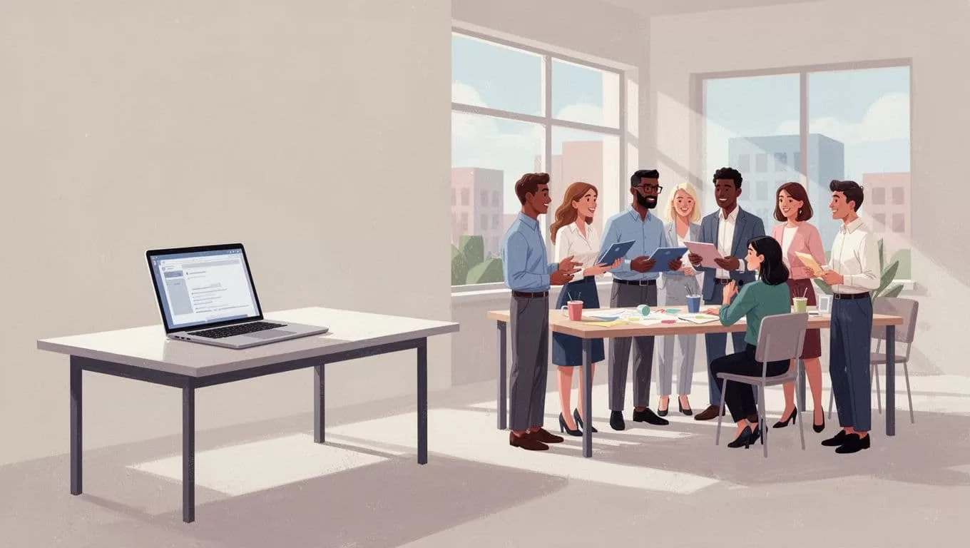 A minimalist graphic splits the frame between a solitary workstation featuring a laptop on the left and a large group of diverse professionals working together on the right side.