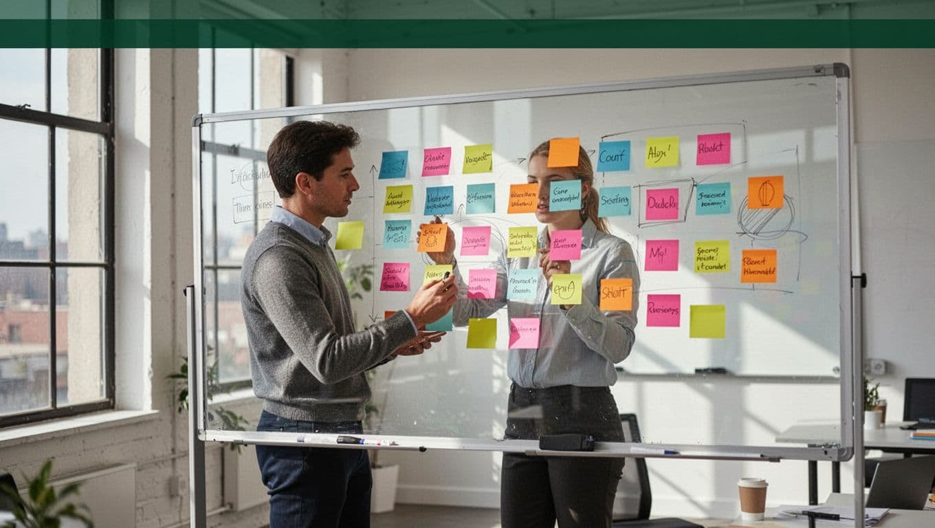A focused professional stands before a glass whiteboard covered in colorful sticky notes. A bold header above the workspace outlines the strategic session in a clean, brightly lit modern office setting.