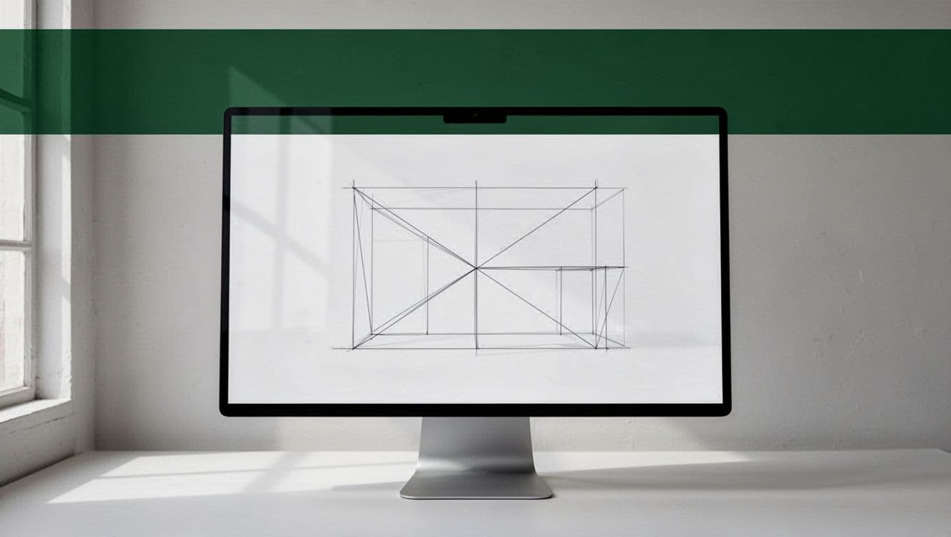 A crisp, dark green horizontal header with bold white text sits above a monitor screen. The screen displays a detailed technical wireframe, illustrating a clean, symmetrical, and highly organized workflow structure.