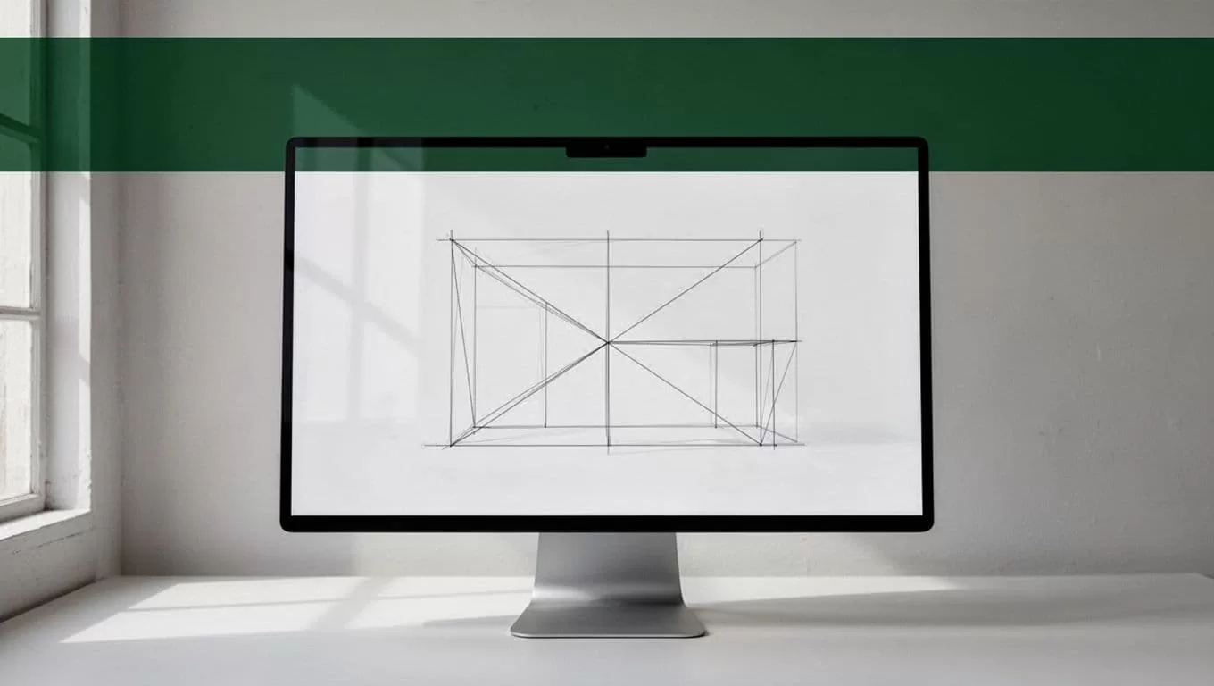 A crisp, dark green horizontal header with bold white text sits above a monitor screen. The screen displays a detailed technical wireframe, illustrating a clean, symmetrical, and highly organized workflow structure.