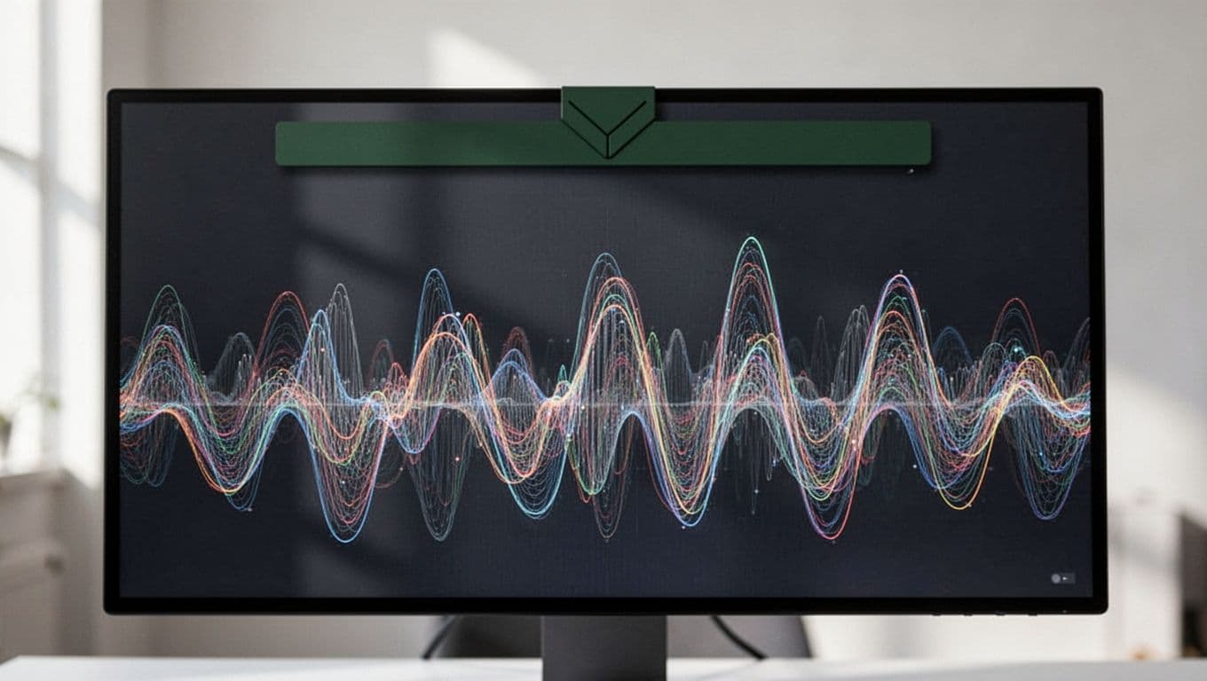 A close-up monitor screen displays rhythmic sound wave visualizations under a bold green header labeled Technical Setup. Clean geometric typography aligns perfectly against the dark background to define system configuration parameters.