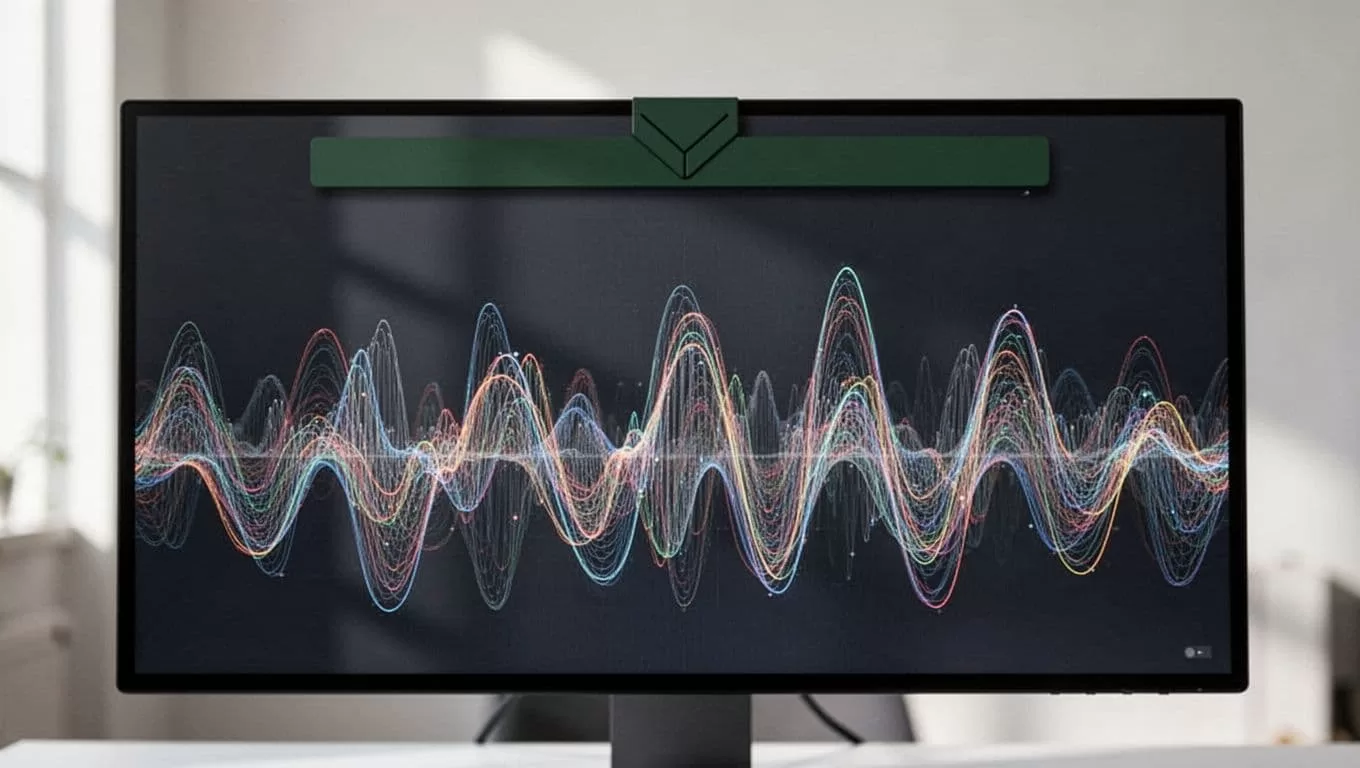 A close-up monitor screen displays rhythmic sound wave visualizations under a bold green header labeled Technical Setup. Clean geometric typography aligns perfectly against the dark background to define system configuration parameters.
