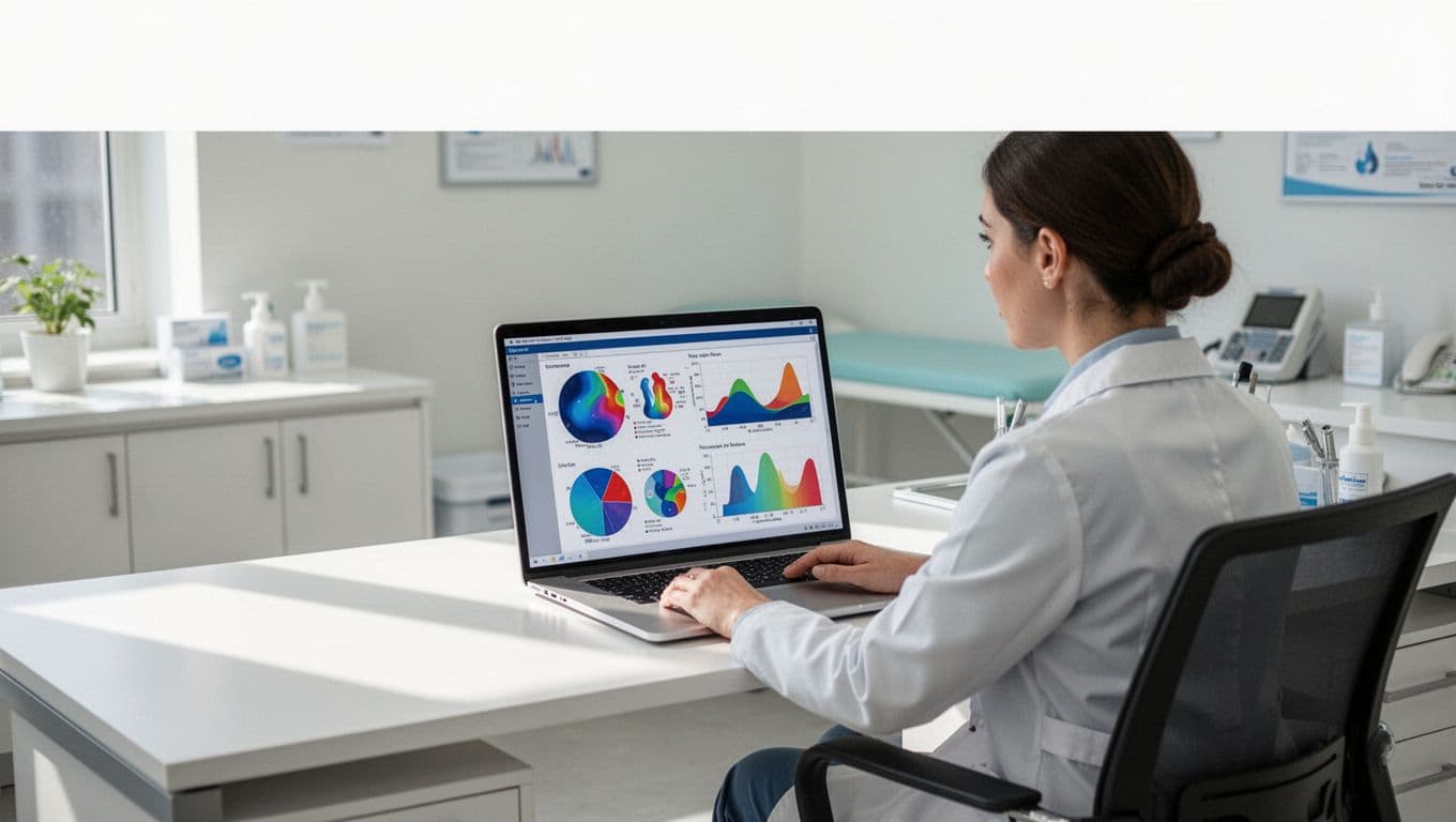 A healthcare professional working at a desk with a clinical dashboard on a laptop.