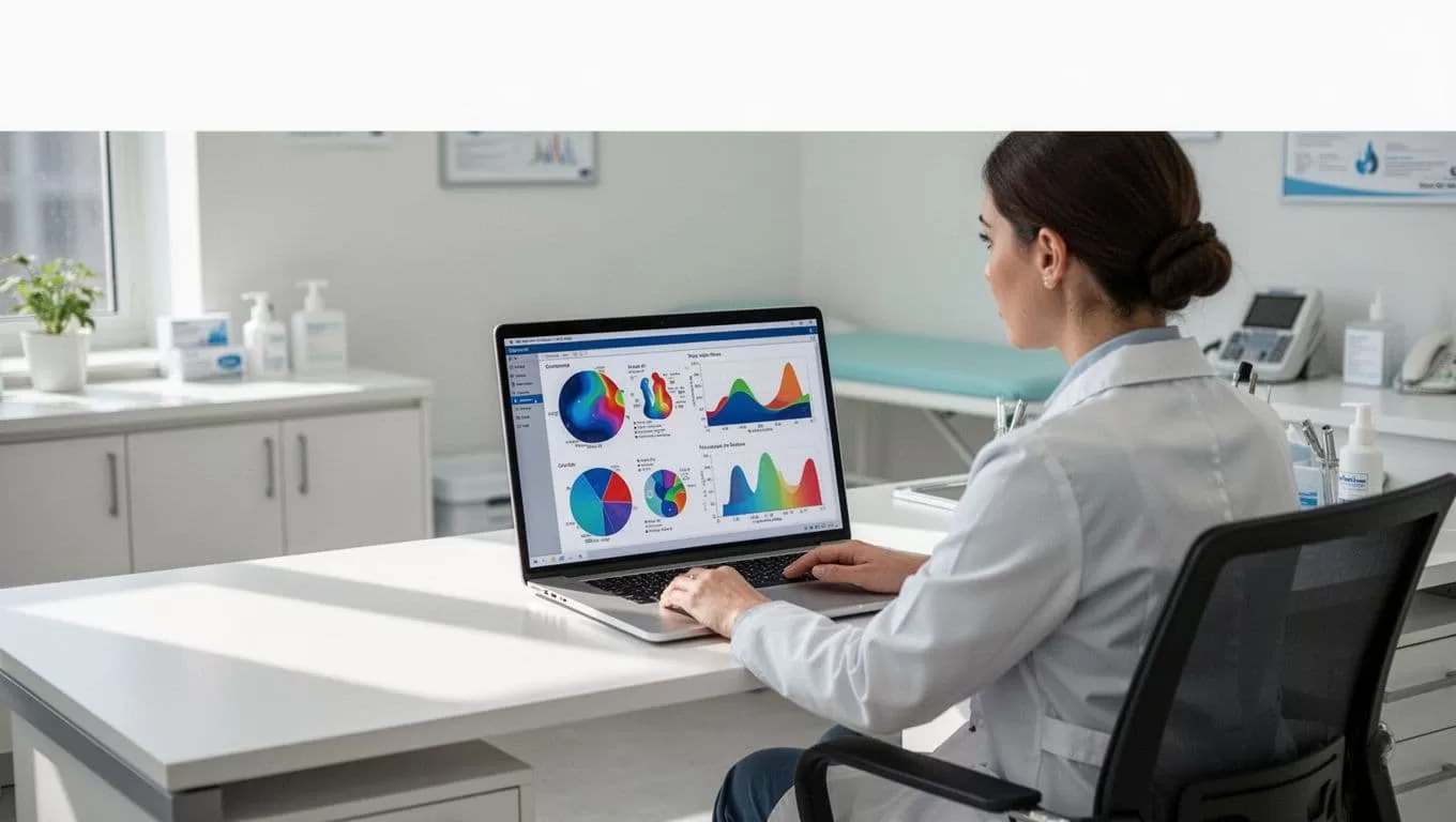 A healthcare professional working at a desk with a clinical dashboard on a laptop.