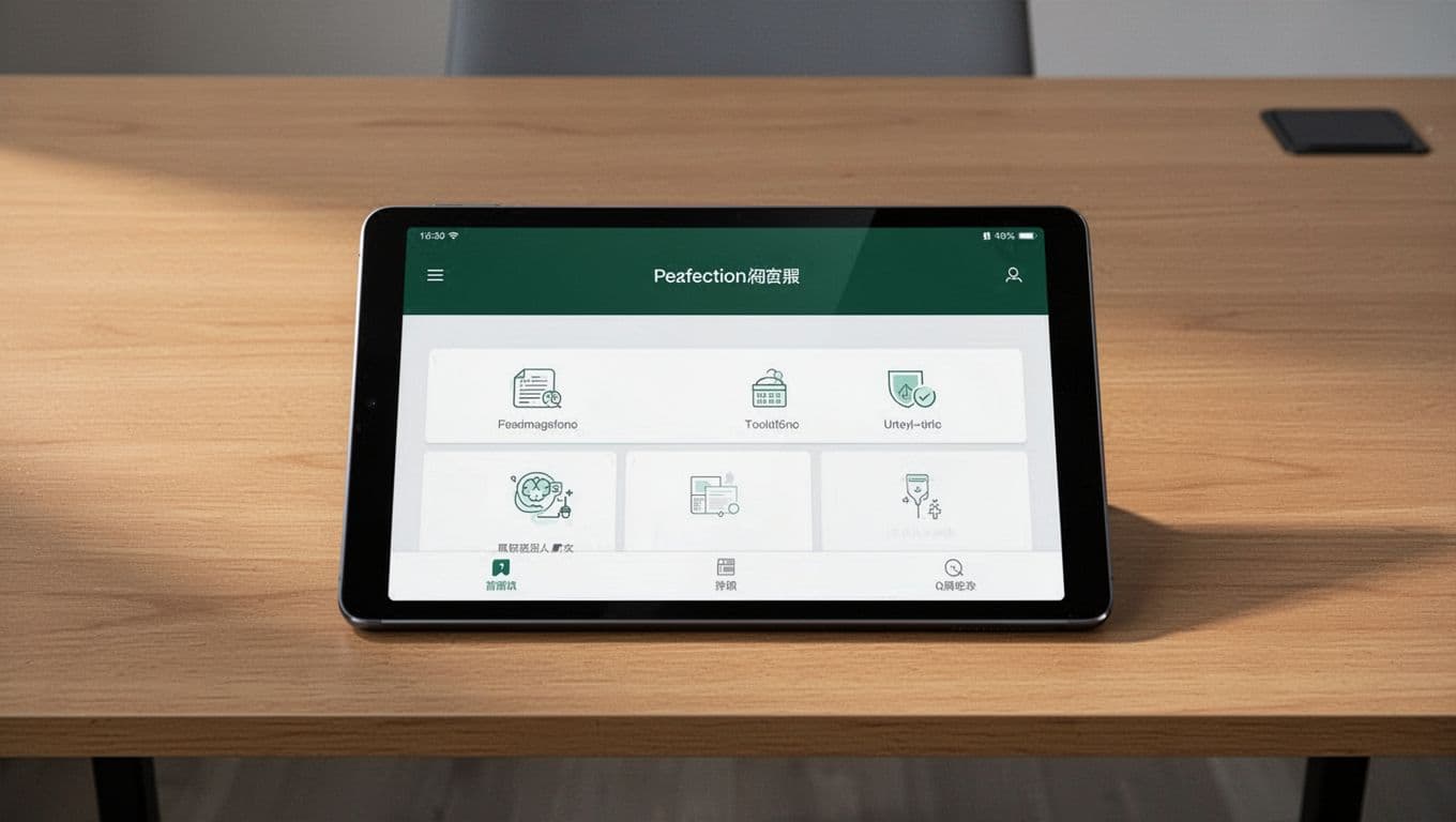 A tablet on a wooden desk showing an app interface.