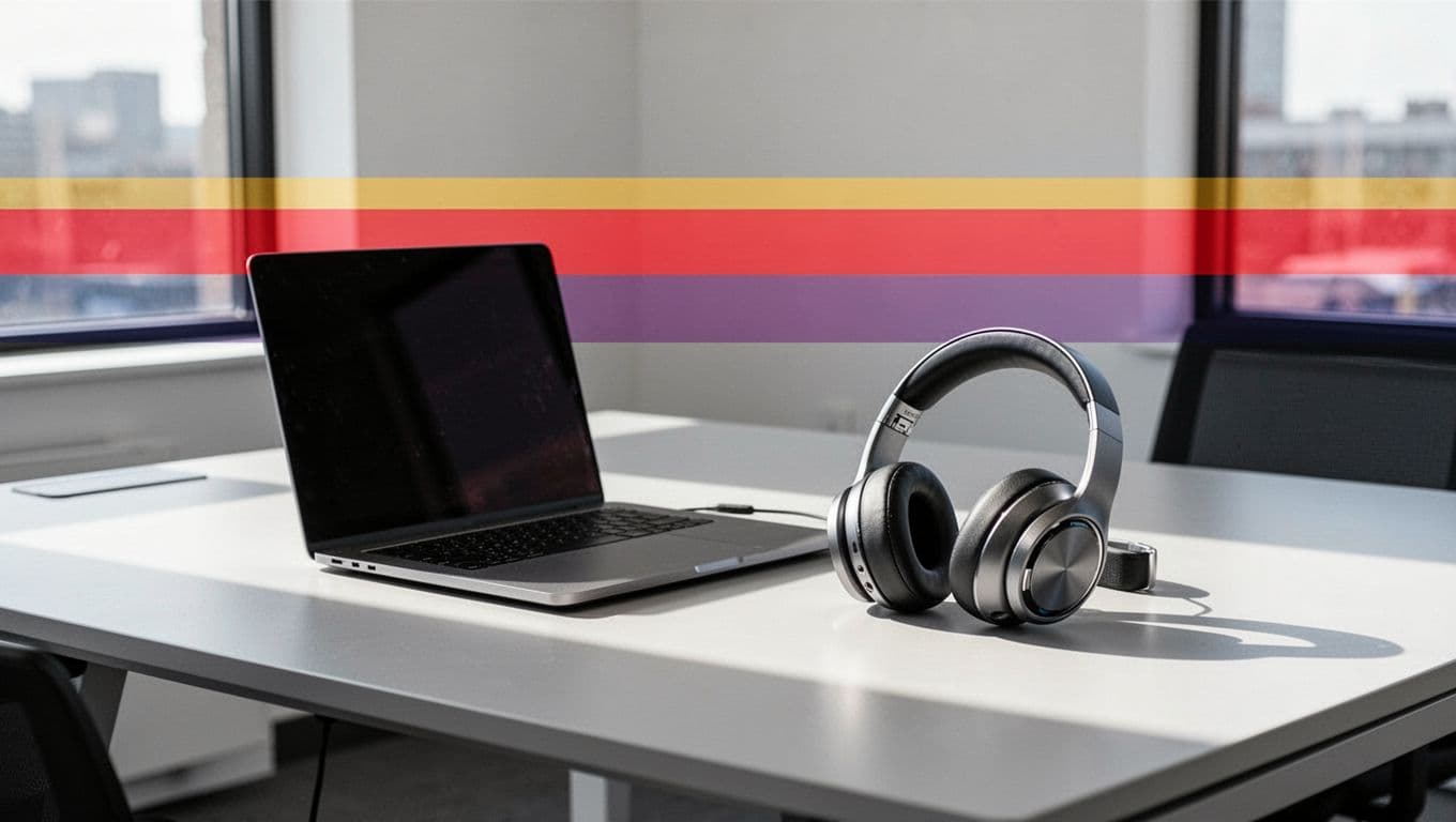 An office desk with a laptop and headphones below a bold headline banner.