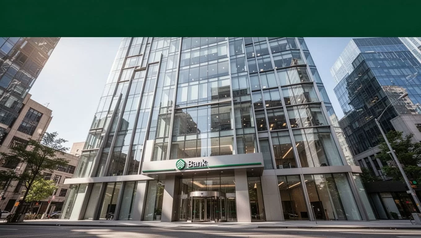 Modern banking building exterior viewed from street level under bright daylight.