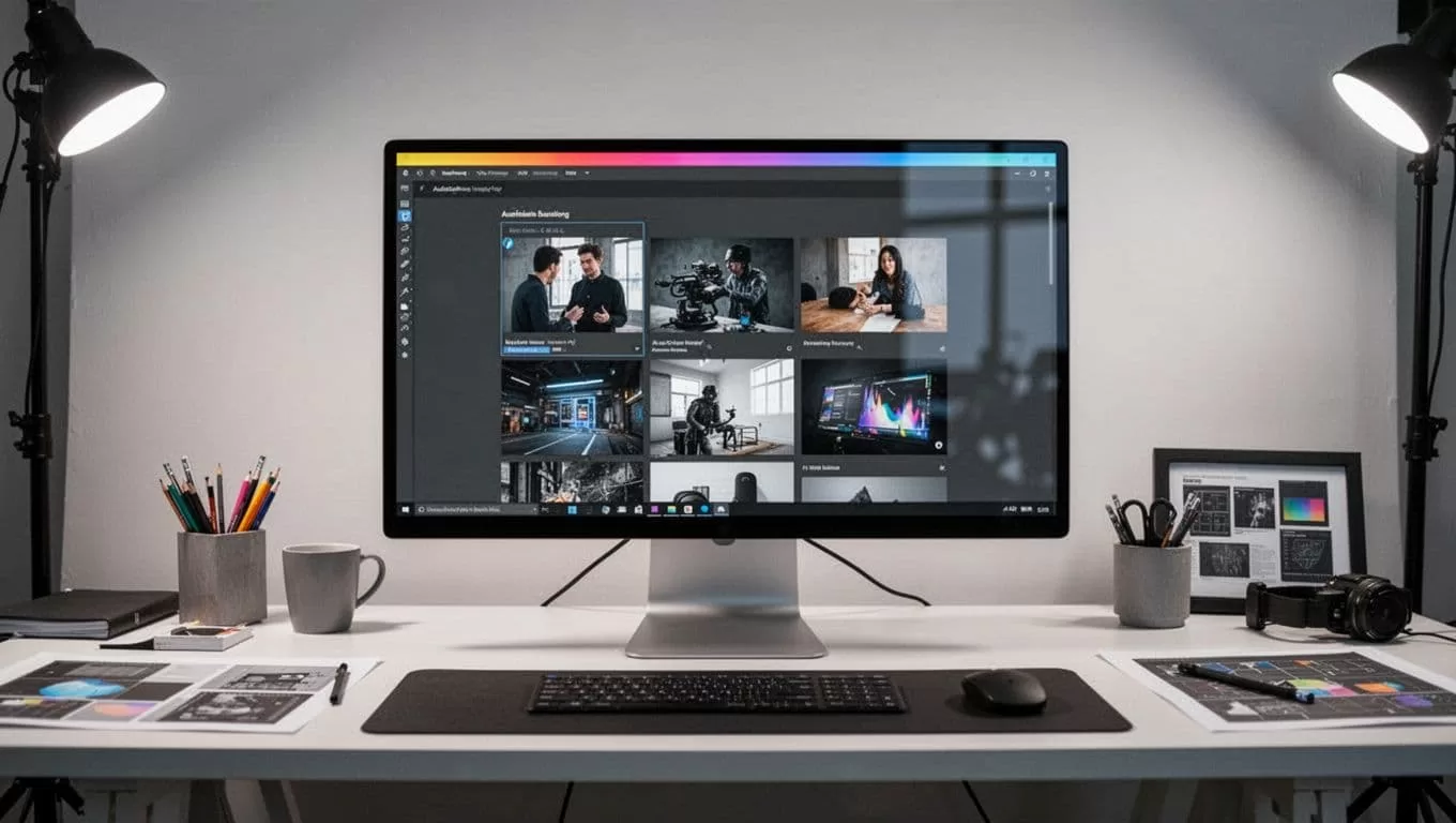 A monitor shows a THUMBNAIL BOT design with a colored band across the top.