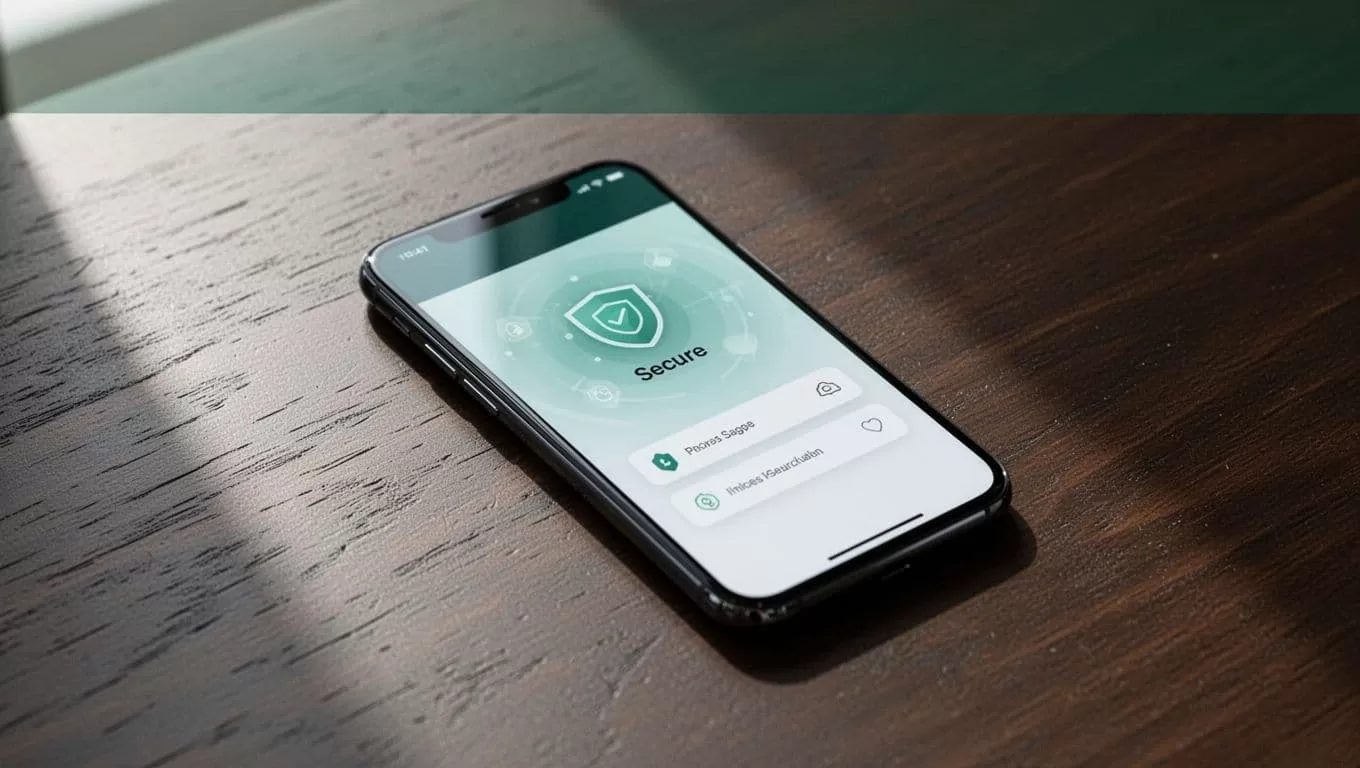 A secure mobile screen angled on dark wood beneath a dark green banner.