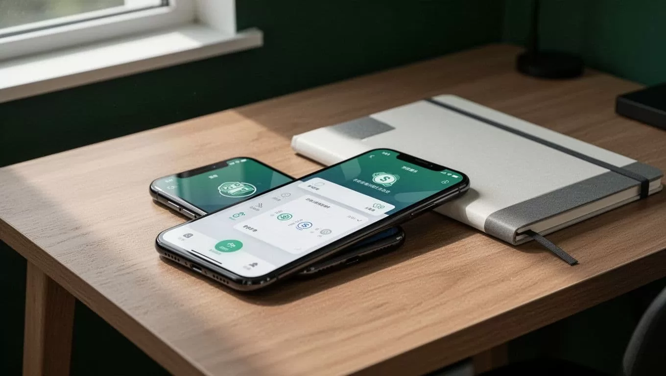 Smartphone showing a money transfer app beside a notebook on a wooden desk.