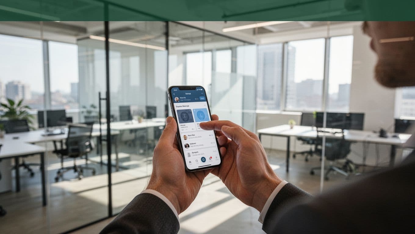 Person using a smartphone beneath a green Transfer Options banner in a bright office.