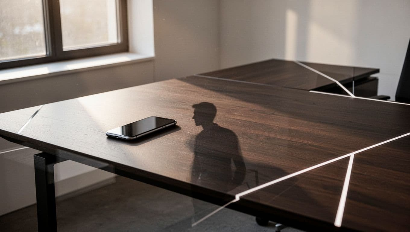 Smartphone on a dark wood desk beneath a green header band.