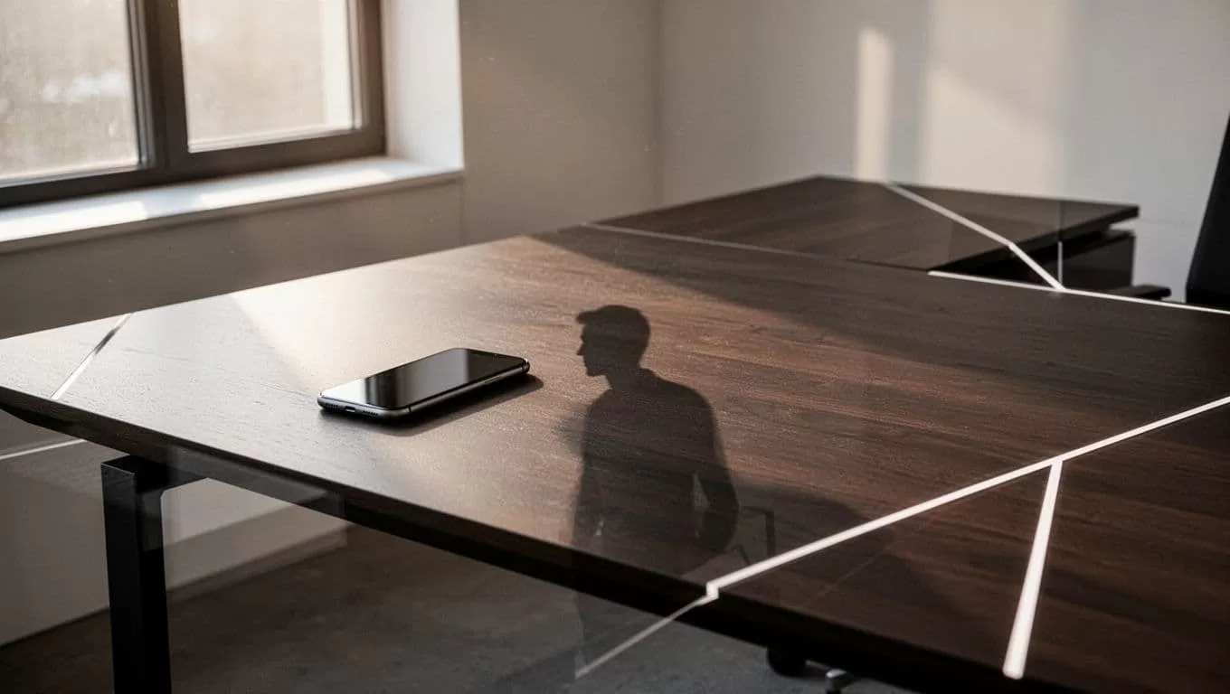 Smartphone on a dark wood desk beneath a green header band.