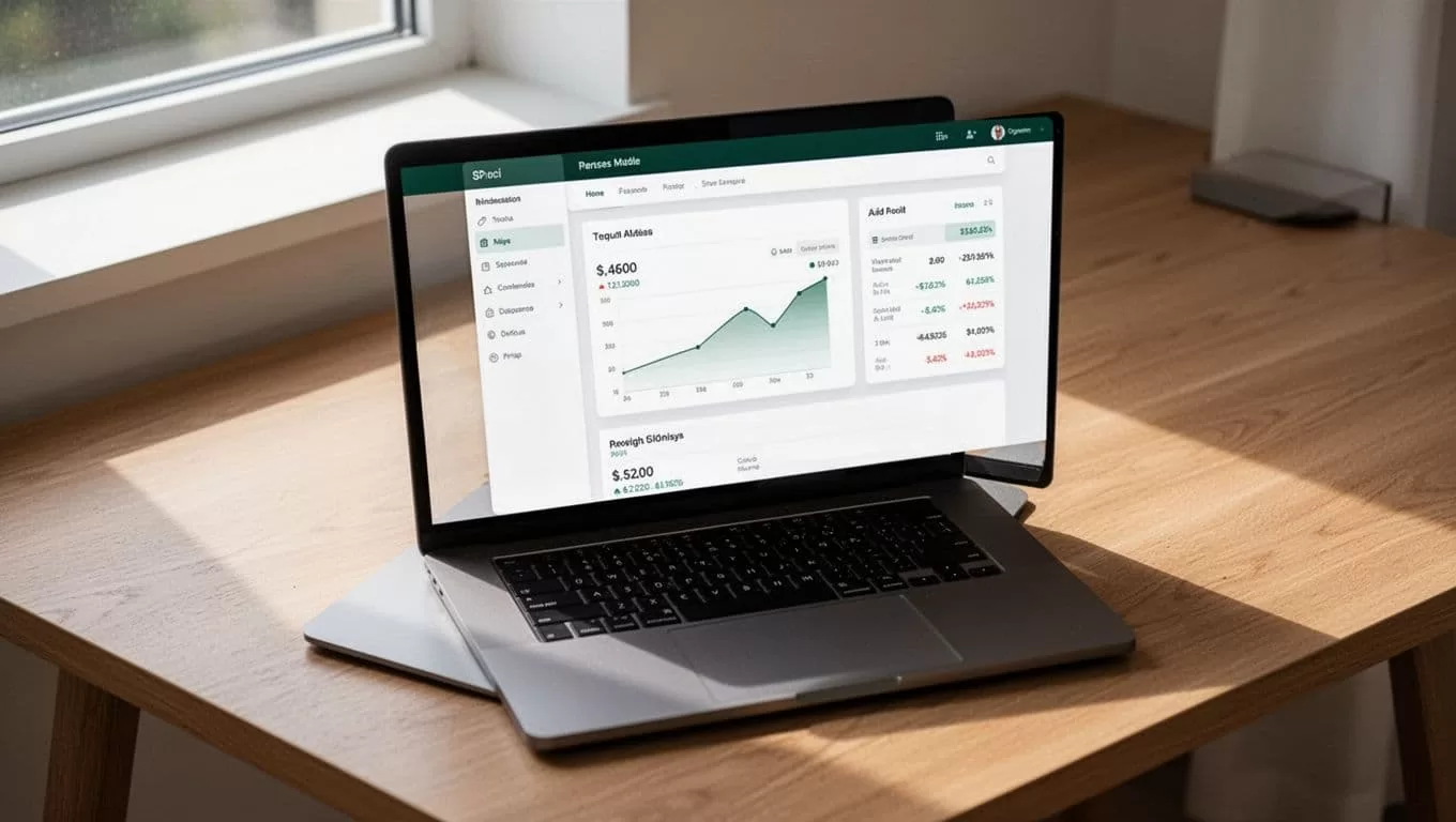 Laptop showing a money transfer setup screen on a wooden desk.