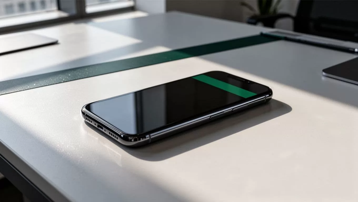 A smartphone on a clean desk surface with a dark green headline banner.