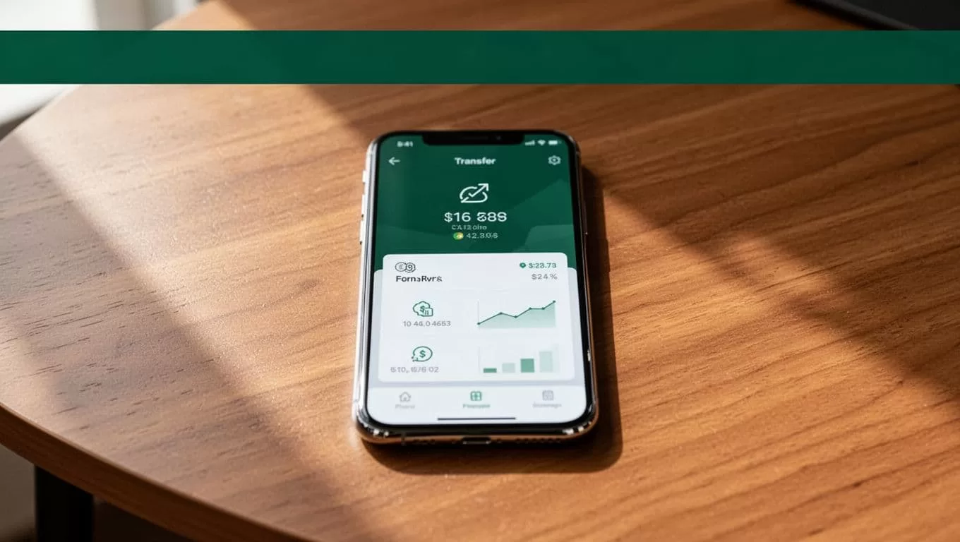 A smartphone showing transfer settings rests on a wooden desk beneath a green headline banner.