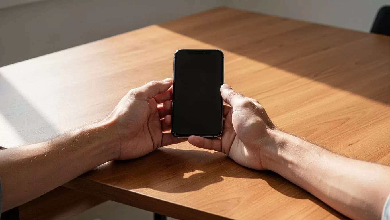 Hands rest beside a smartphone on a wooden desk under a green banner.