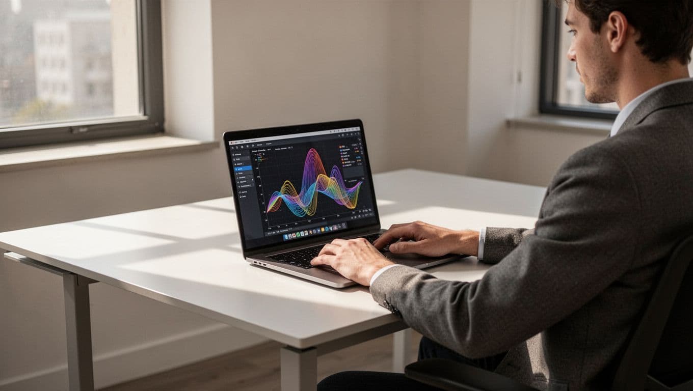 An open laptop on a clean desk displays an automated workflow dashboard.