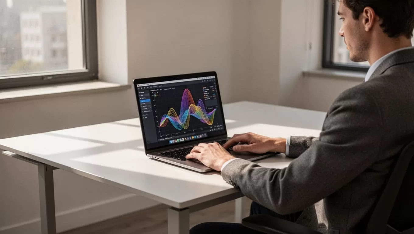 An open laptop on a clean desk displays an automated workflow dashboard.