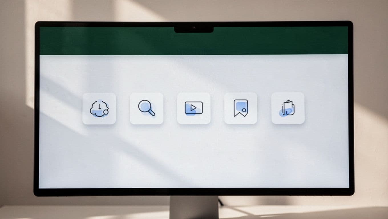 A sleek computer monitor displays a minimalist dashboard featuring neatly aligned app icons on a dark background. A prominent green header bar contains the clean white text reading Unified Management.