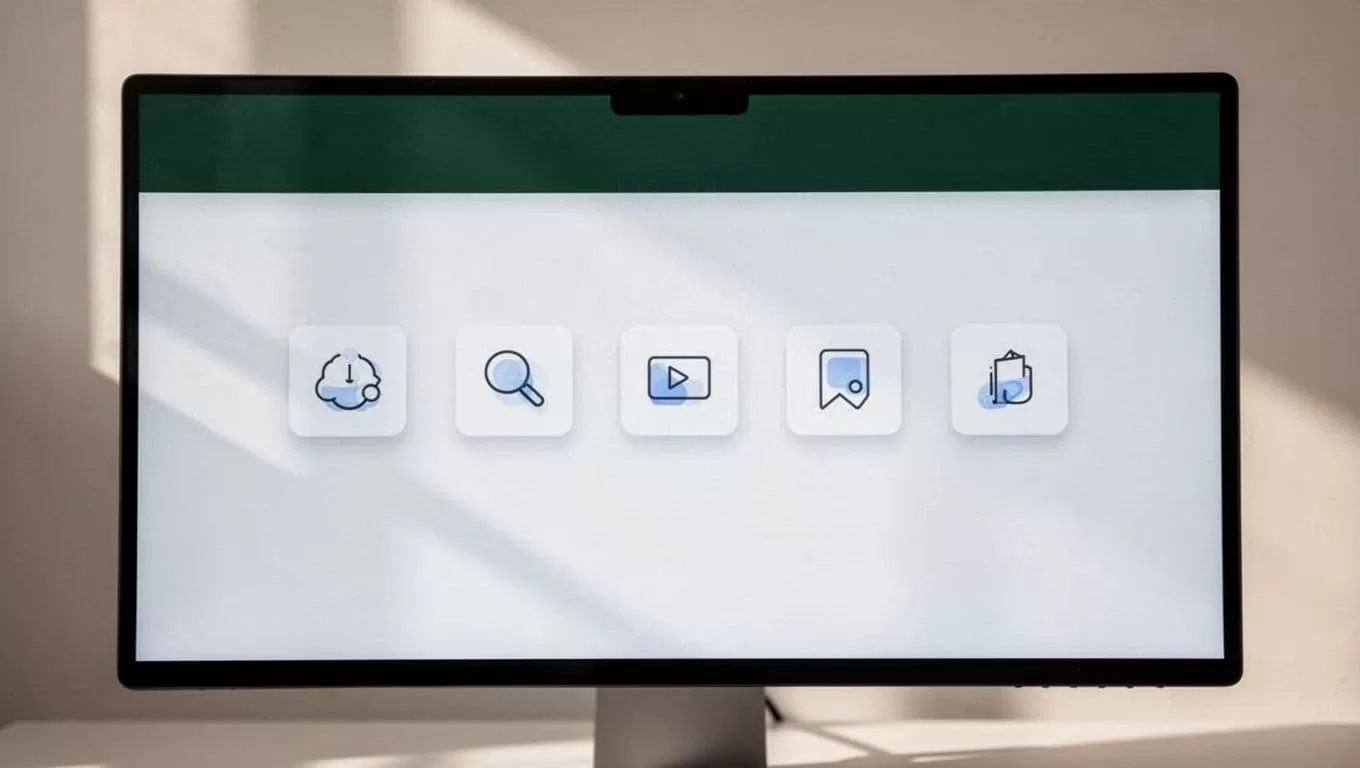 A sleek computer monitor displays a minimalist dashboard featuring neatly aligned app icons on a dark background. A prominent green header bar contains the clean white text reading Unified Management.