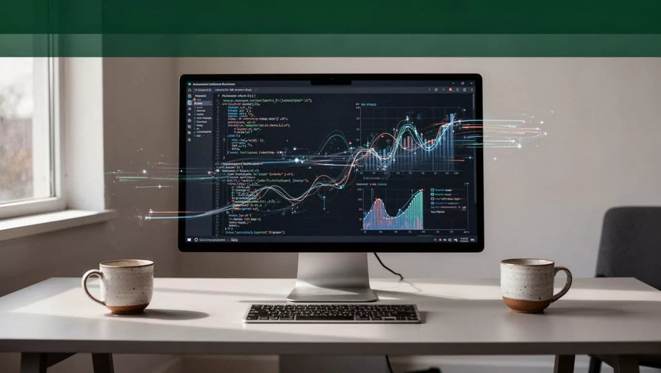 An office desk with a laptop, coffee cup, and monitor showing data collection.
