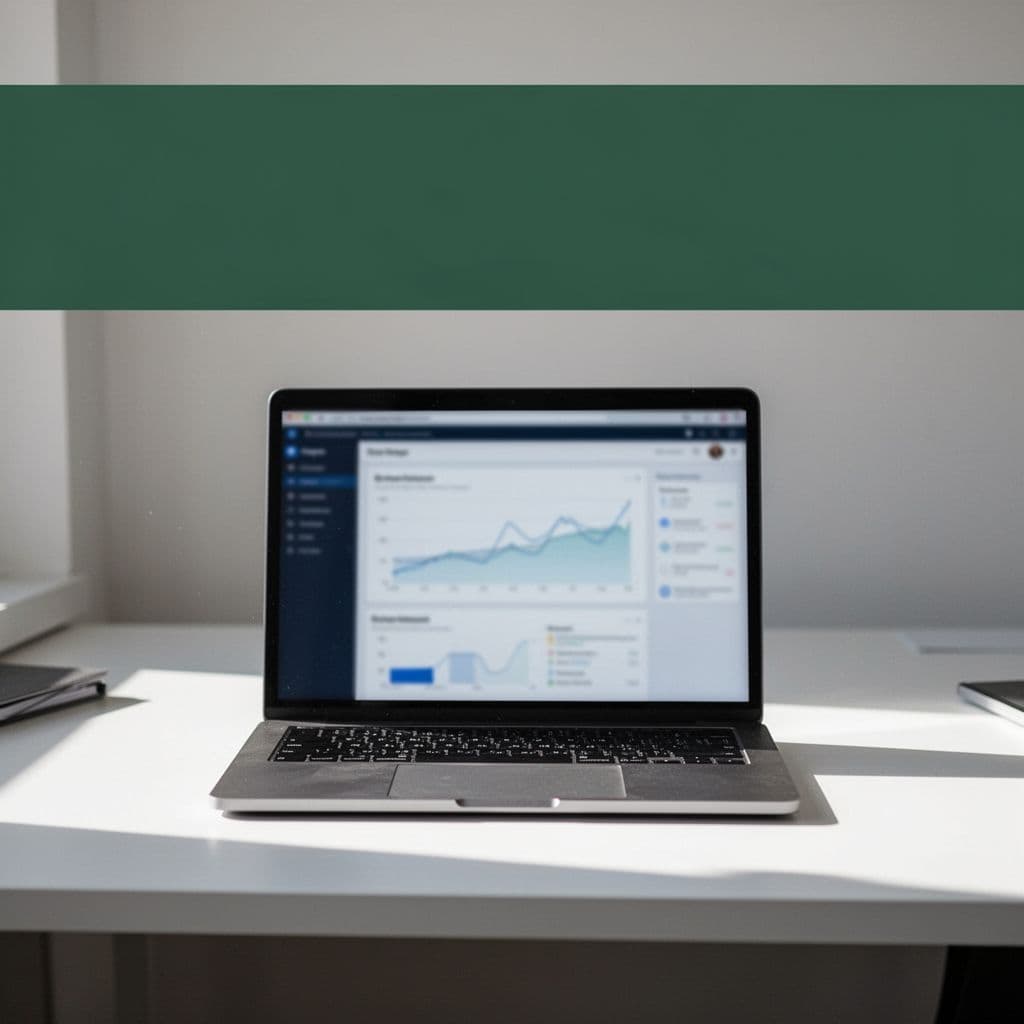 A clean workstation featuring a laptop screen displaying web analytics data. A bold dark-green banner above the desk showcases white geometric typography that highlights professional experimentation and testing software features.