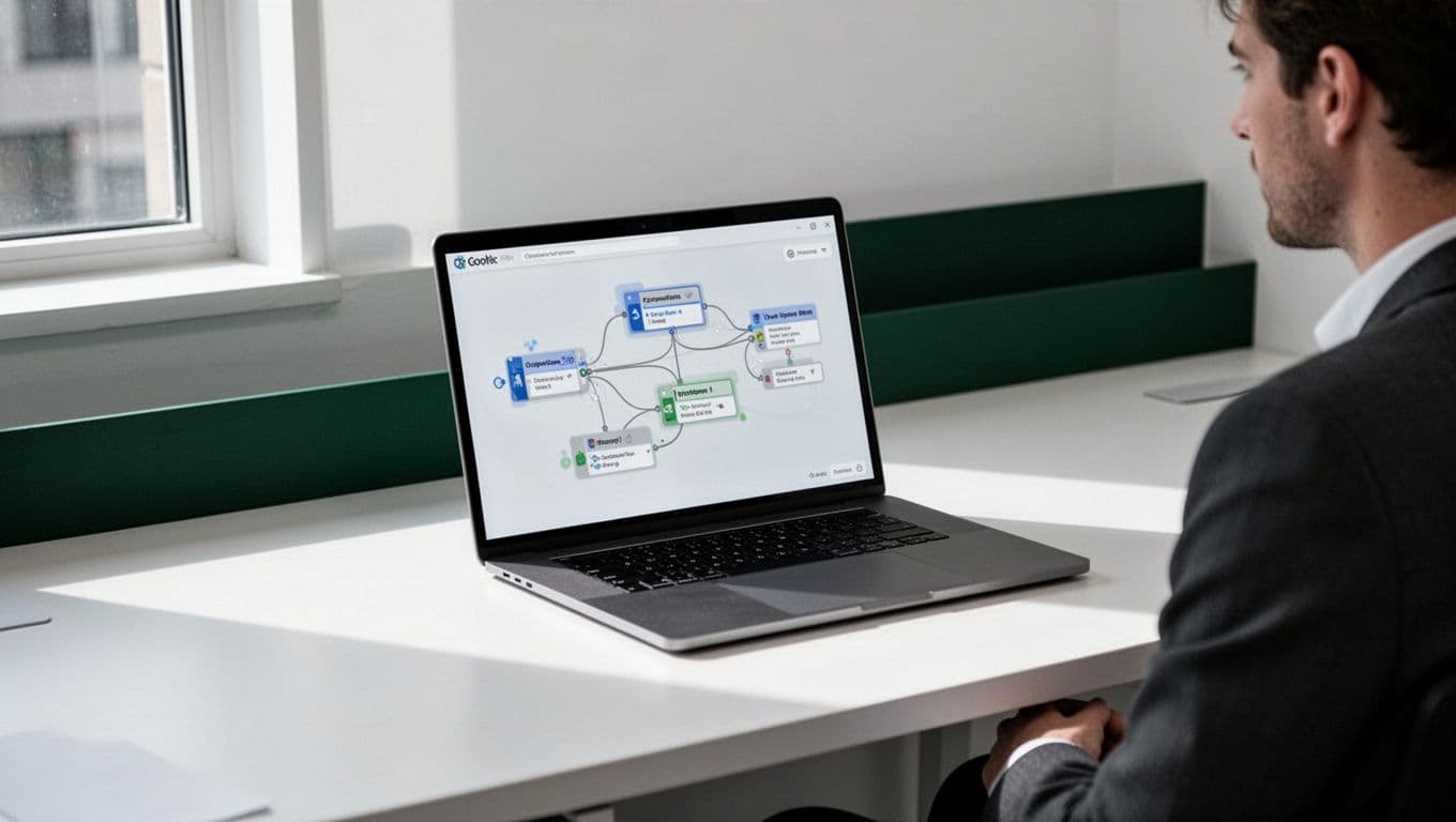 Laptop showing connected workflow nodes beside a partially visible teammate.