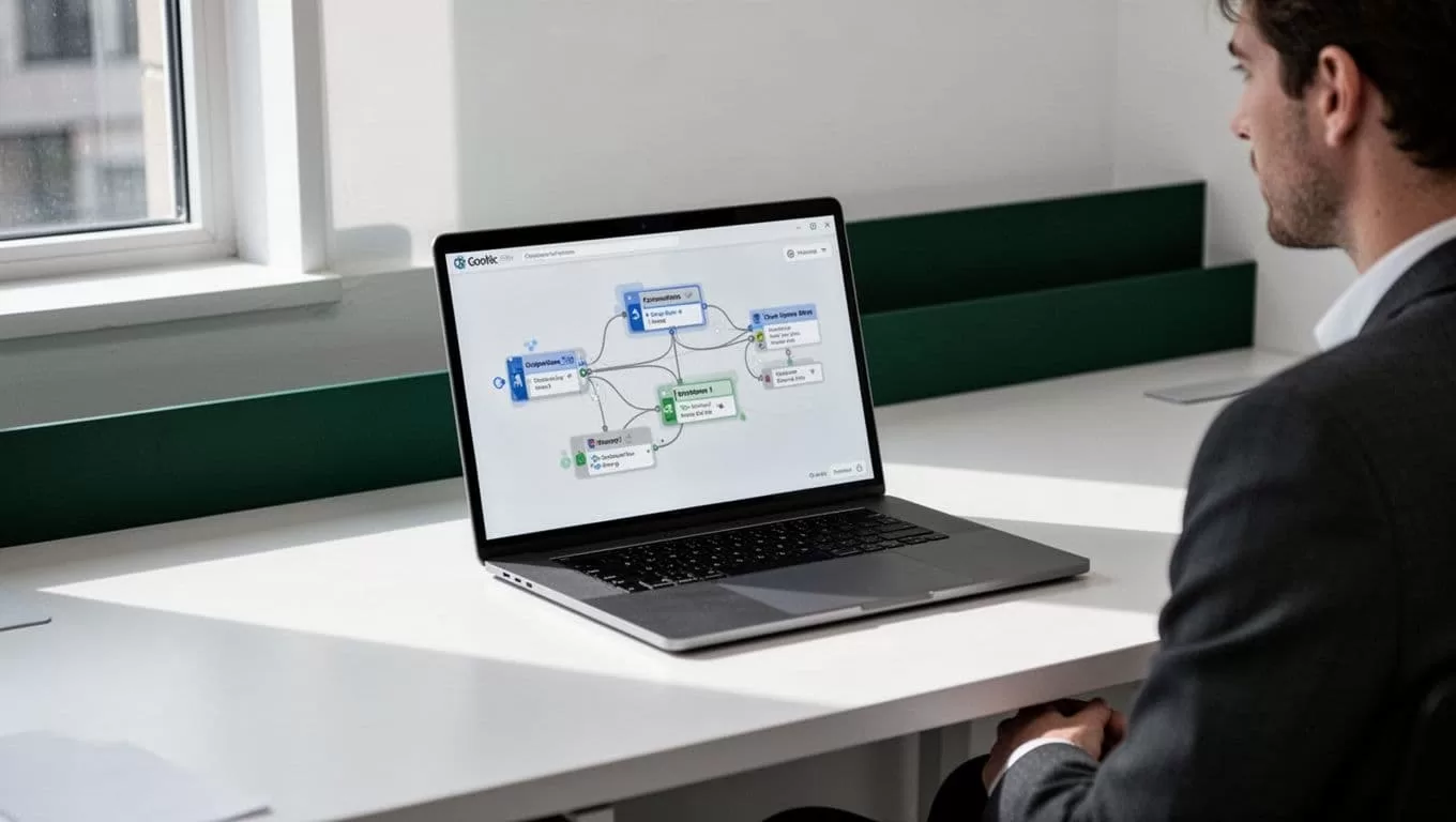 Laptop showing connected workflow nodes beside a partially visible teammate.
