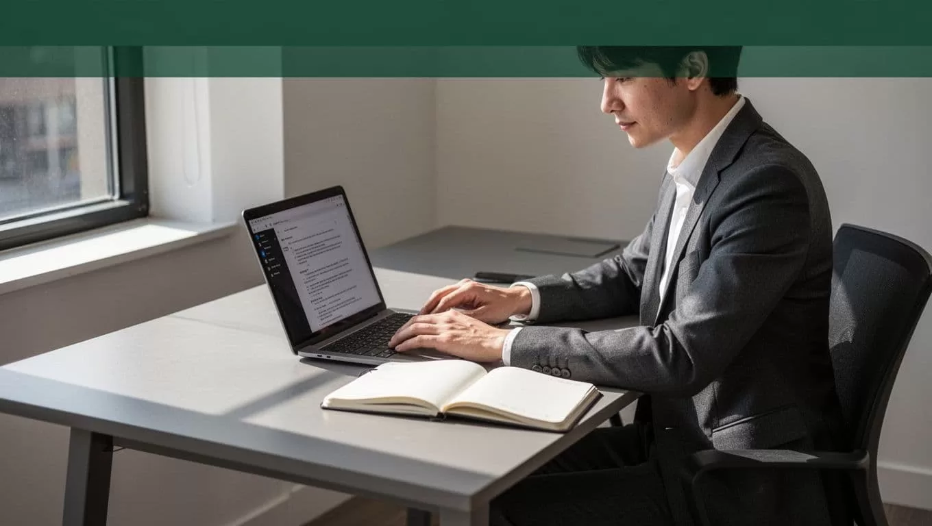 One person works at a desk with a laptop and notebook beneath a green Video Automation banner.