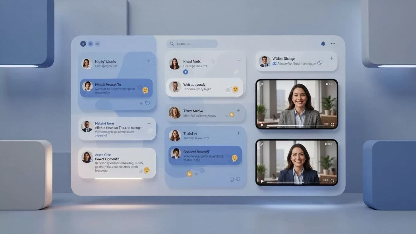 Clean digital lines form an abstract layout of interconnected video panels and discussion threads. Soft blue tones and neutral shapes provide a professional structure for remote group communication and discourse.