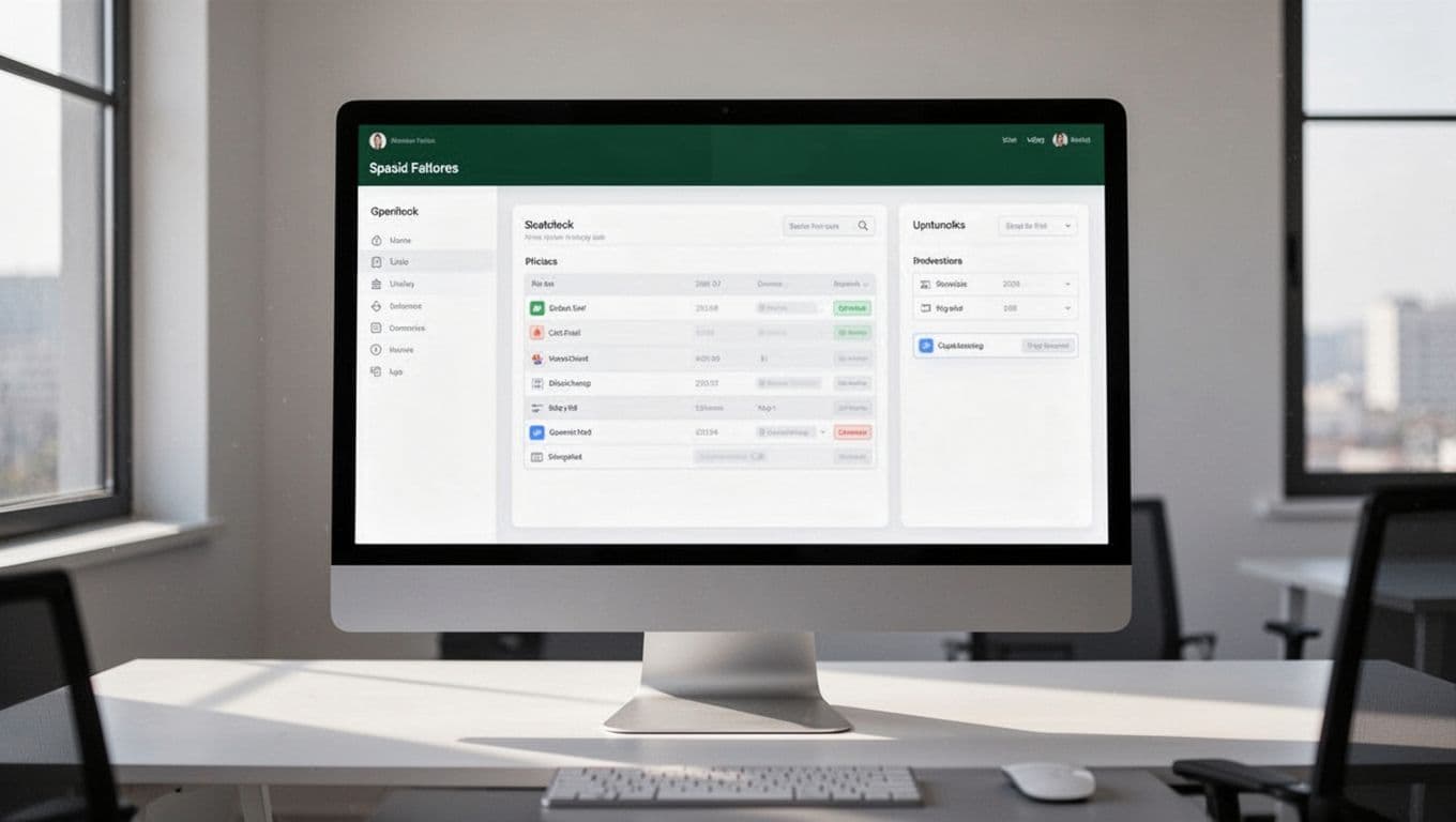 A computer monitor displaying a clean software dashboard with a dark green top banner.