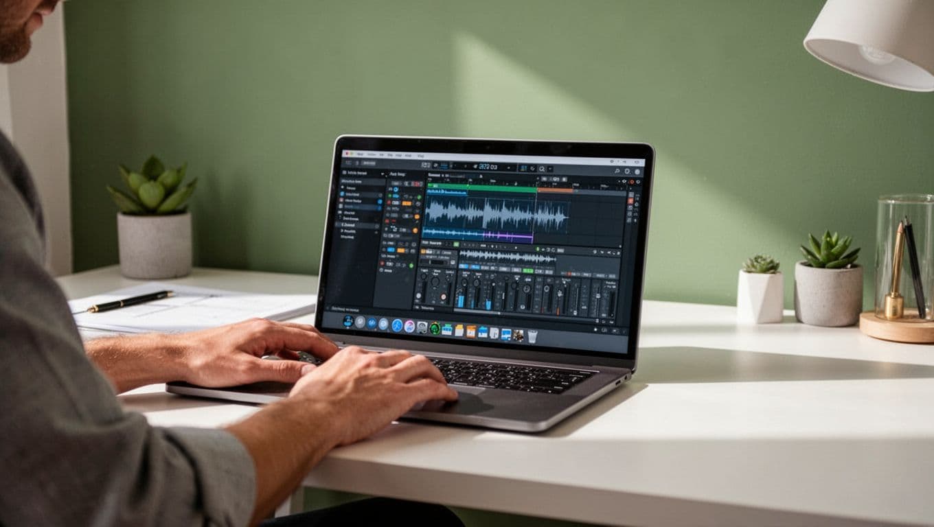 A creative person sits at a clean wooden desk, carefully adjusting audio production settings on an open laptop. A muted green banner displaying bold white text floats above the workspace area.