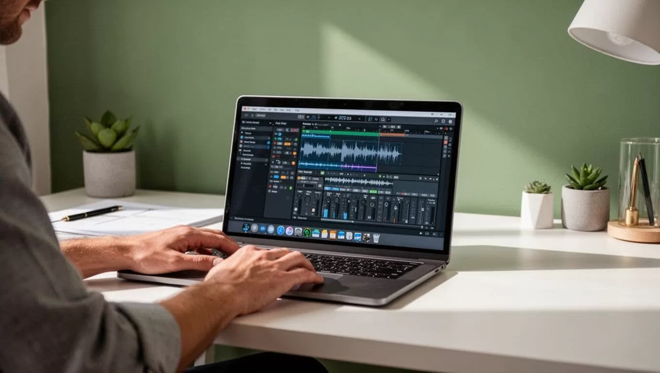 A creative person sits at a clean wooden desk, carefully adjusting audio production settings on an open laptop. A muted green banner displaying bold white text floats above the workspace area.