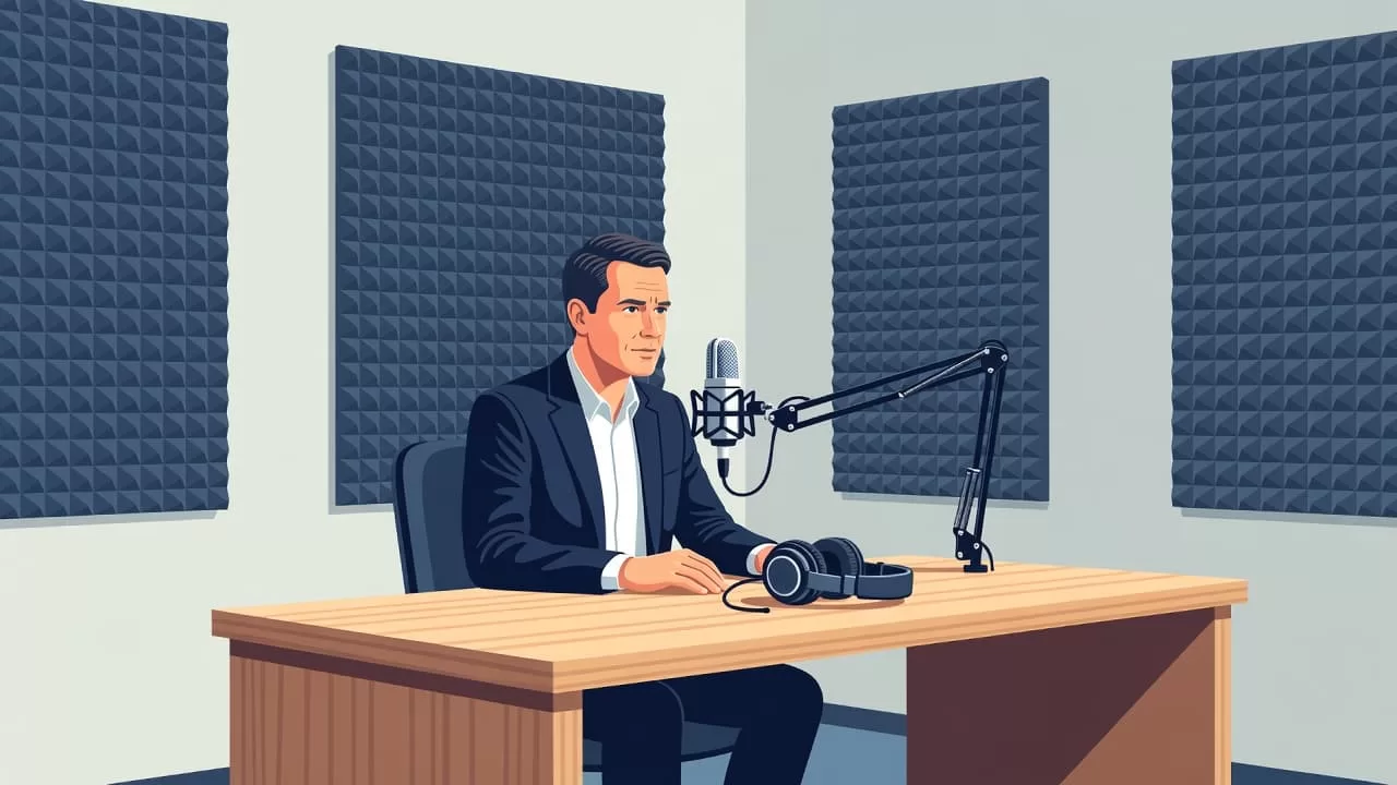 A professional voice coach sits at a minimalist desk wearing high-quality headphones while speaking into a studio microphone. The clean studio environment features soft ambient lighting and organized acoustic foam panels.