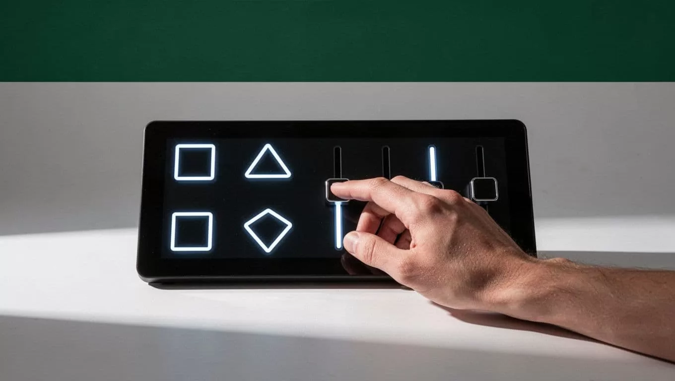 A dark green header with voice control text above a clean digital control panel.