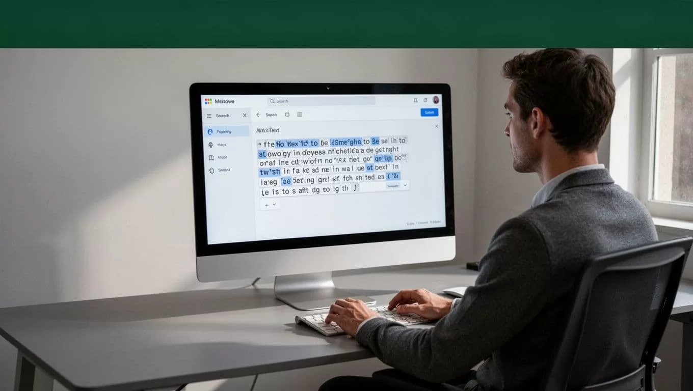 A computer monitor displaying professional text to speech software with a dark green headline banner.