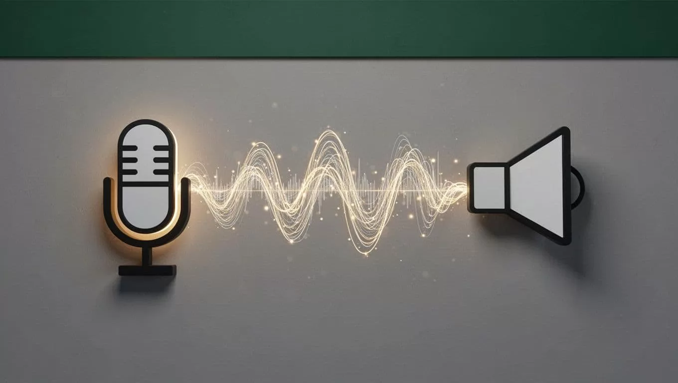 A dark green banner labeled Voice Workflow over a diagram showing audio data moving from a microphone to a speaker.