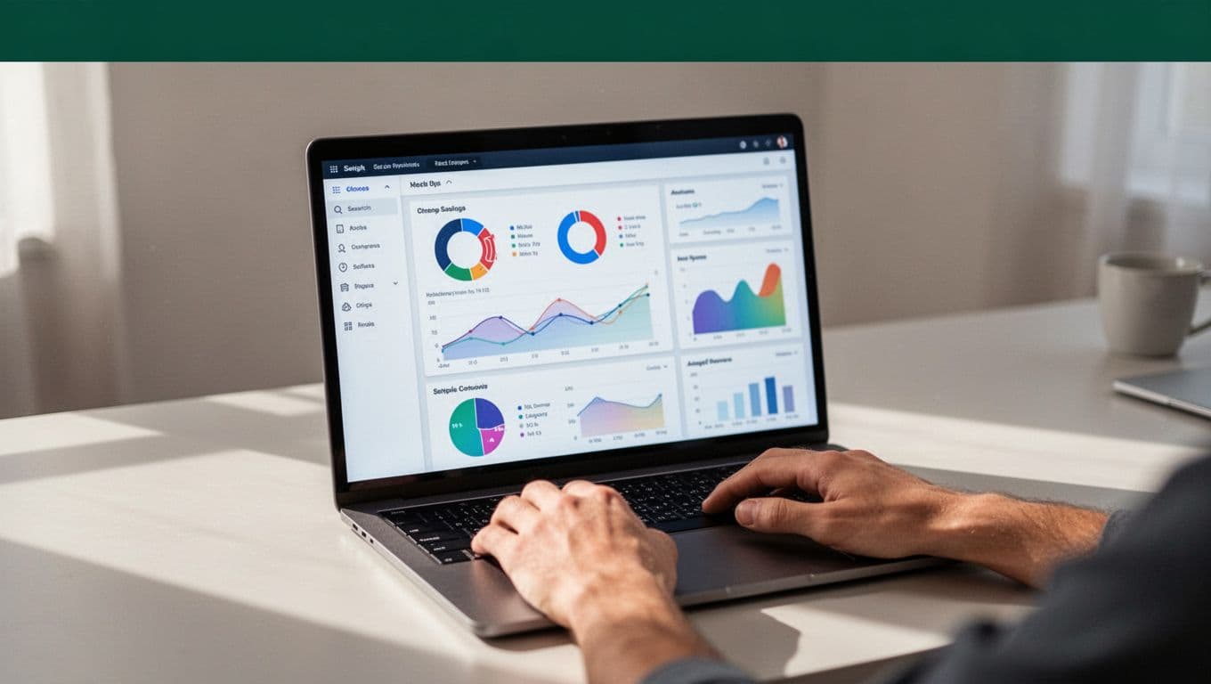 A laptop displaying analytics data sits on a clean desk beneath a dark green headline band.