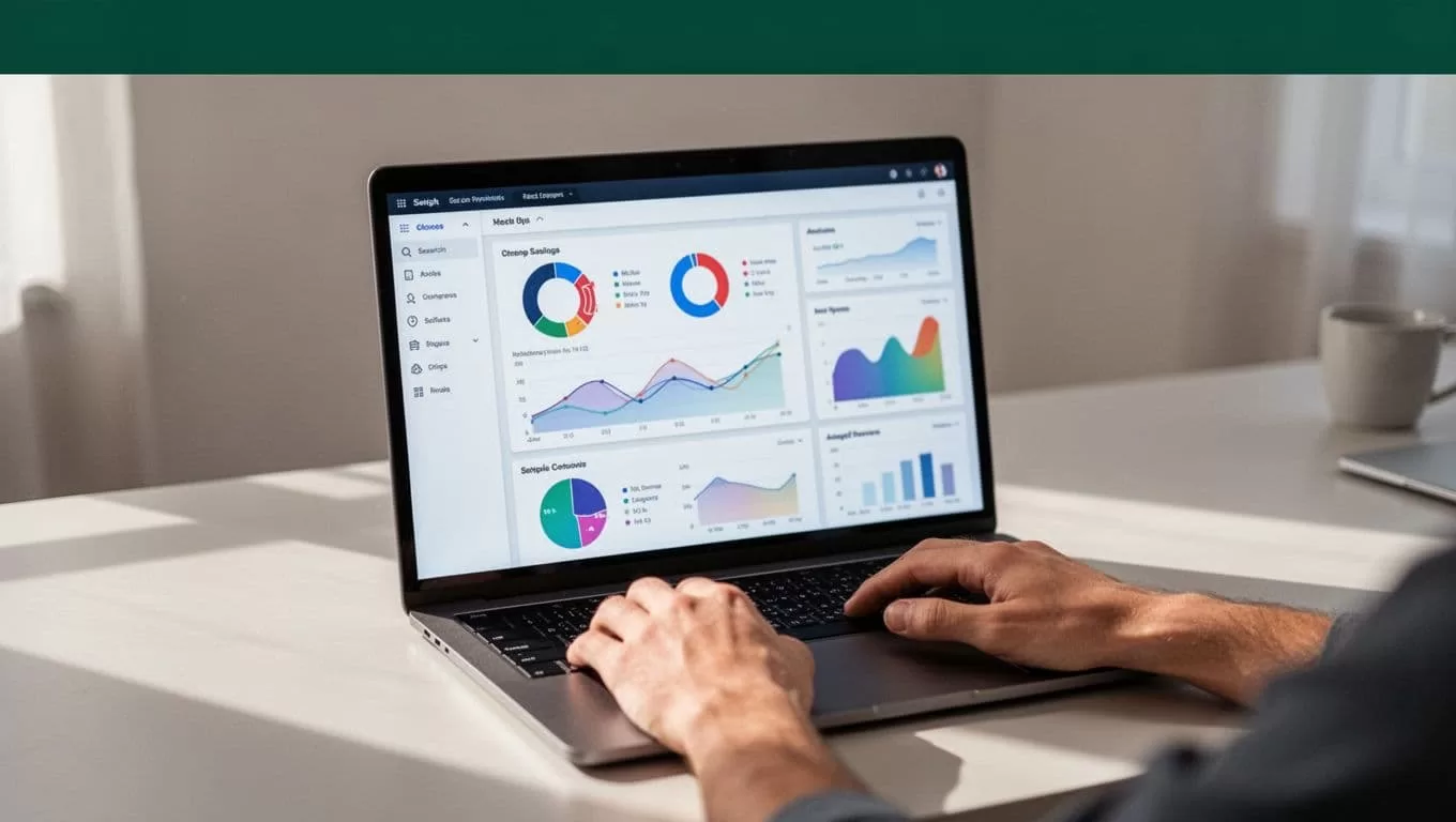 A laptop displaying analytics data sits on a clean desk beneath a dark green headline band.