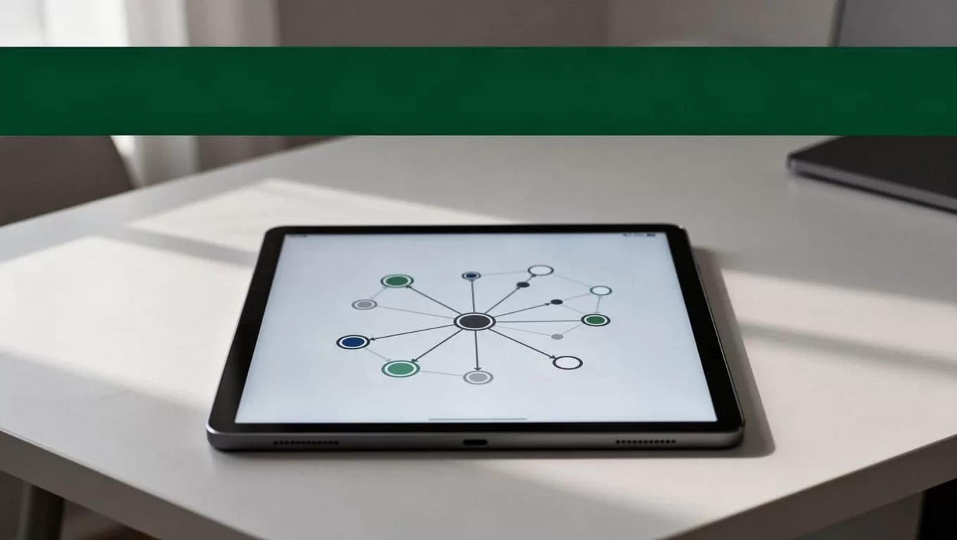 A tablet showing a workflow diagram sits beneath a dark green header band.