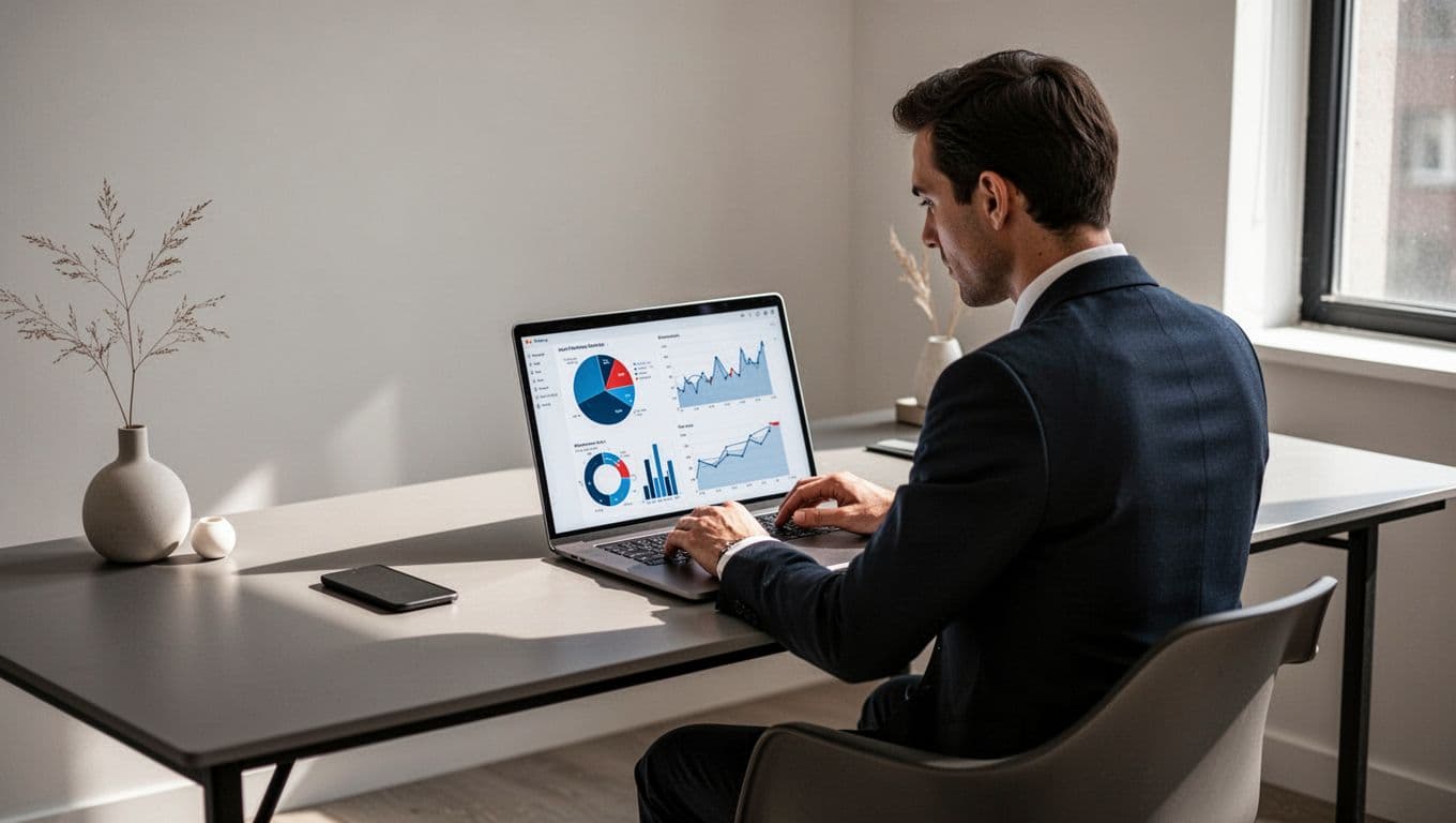 A person working on a laptop showing analytics charts at a clean desk.