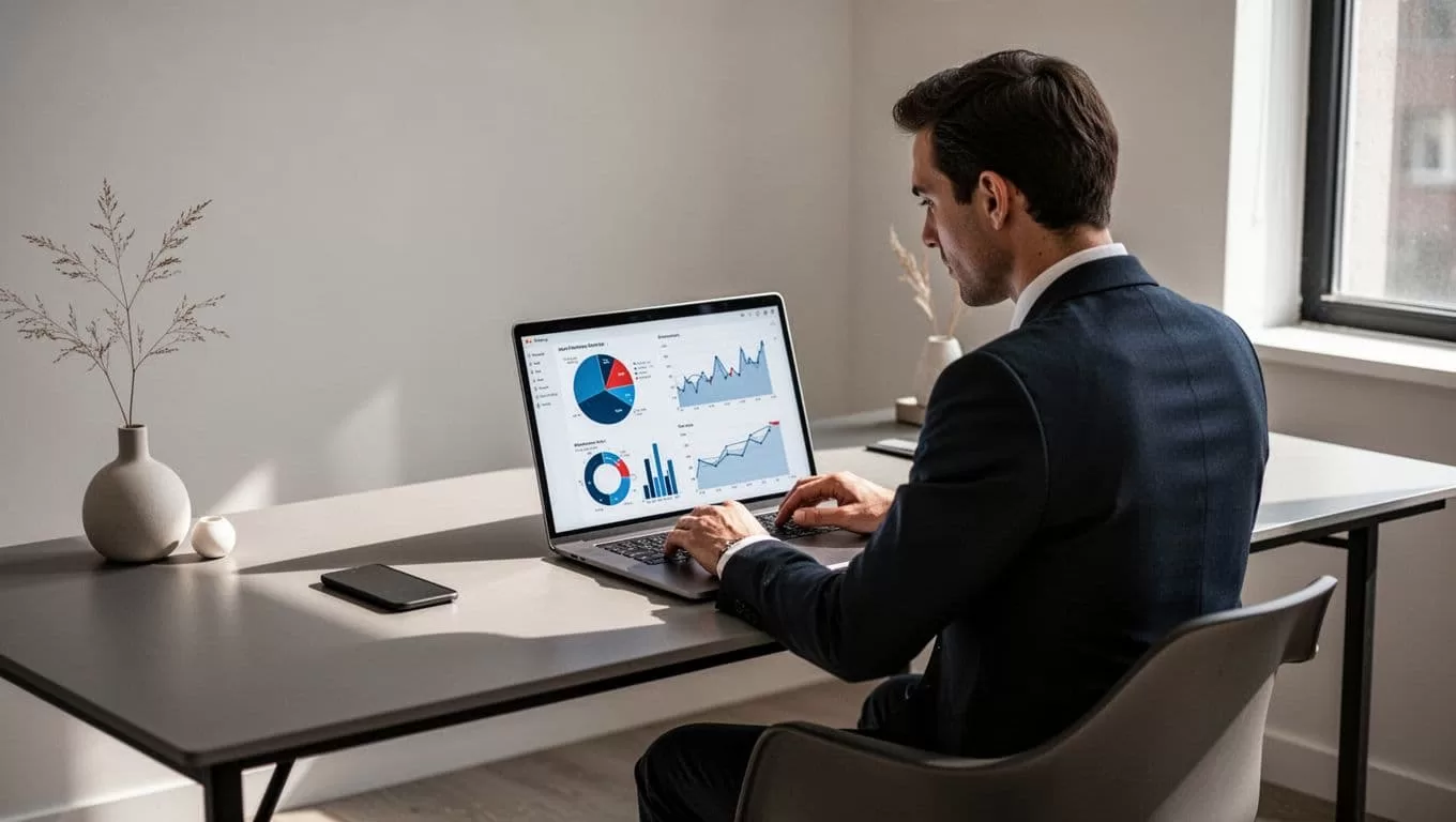 A person working on a laptop showing analytics charts at a clean desk.