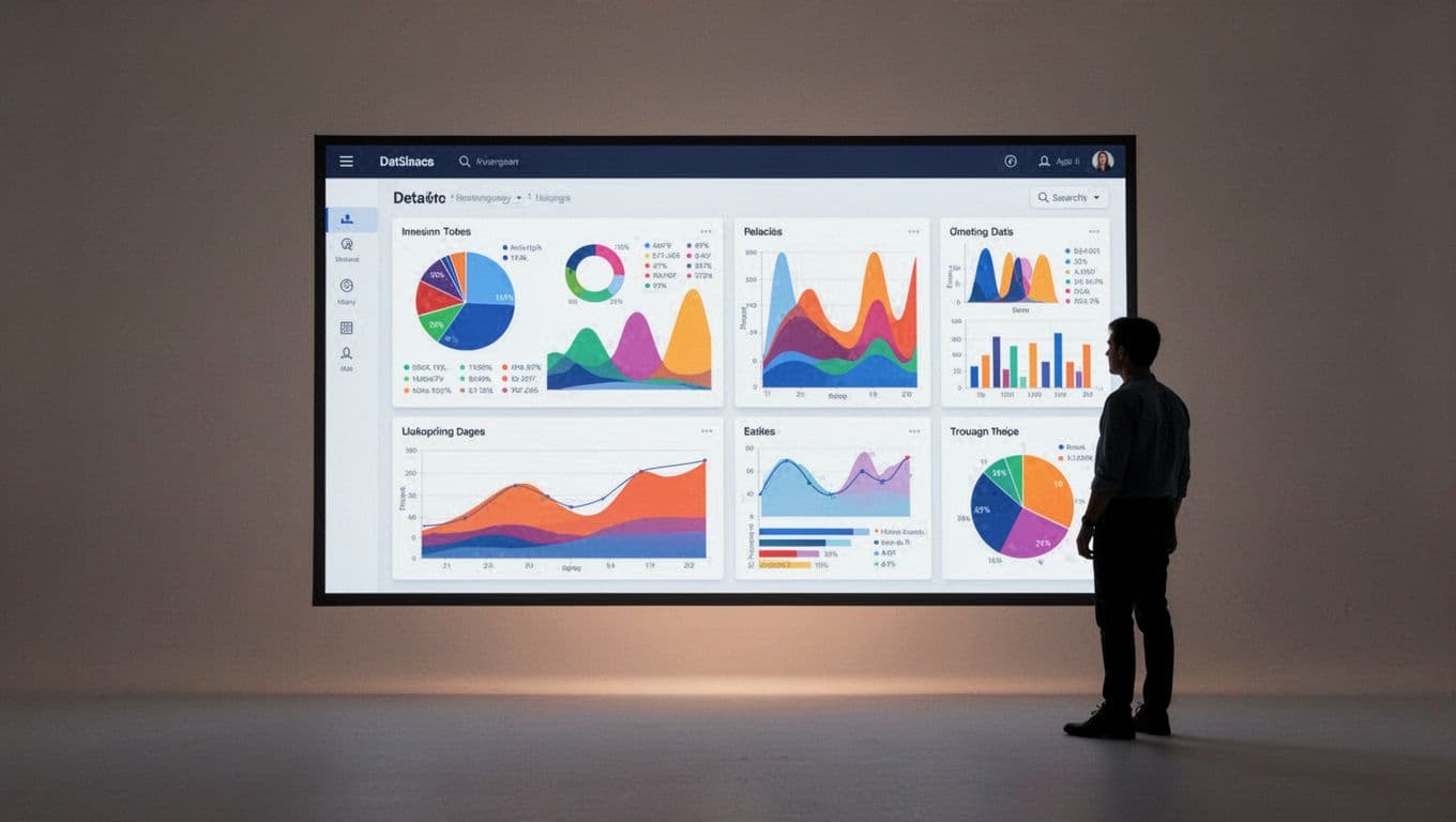 An editorial web dashboard displaying analytics charts and a silhouetted figure.