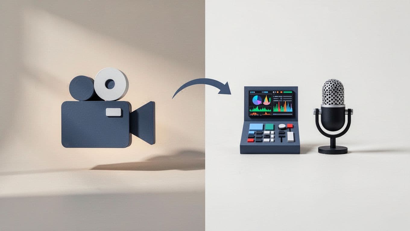 A split composition displays a stylized video camera icon on the left, transitioning into editing and podcasting symbols on the right. A prominent color banner clearly labels the entire design process.