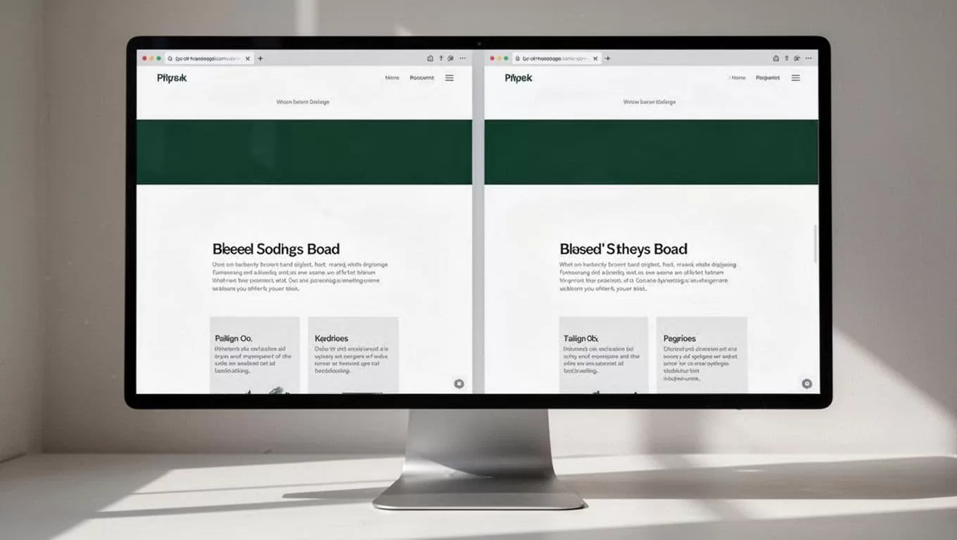 A digital screen comparing two website designs under a dark green header bar.