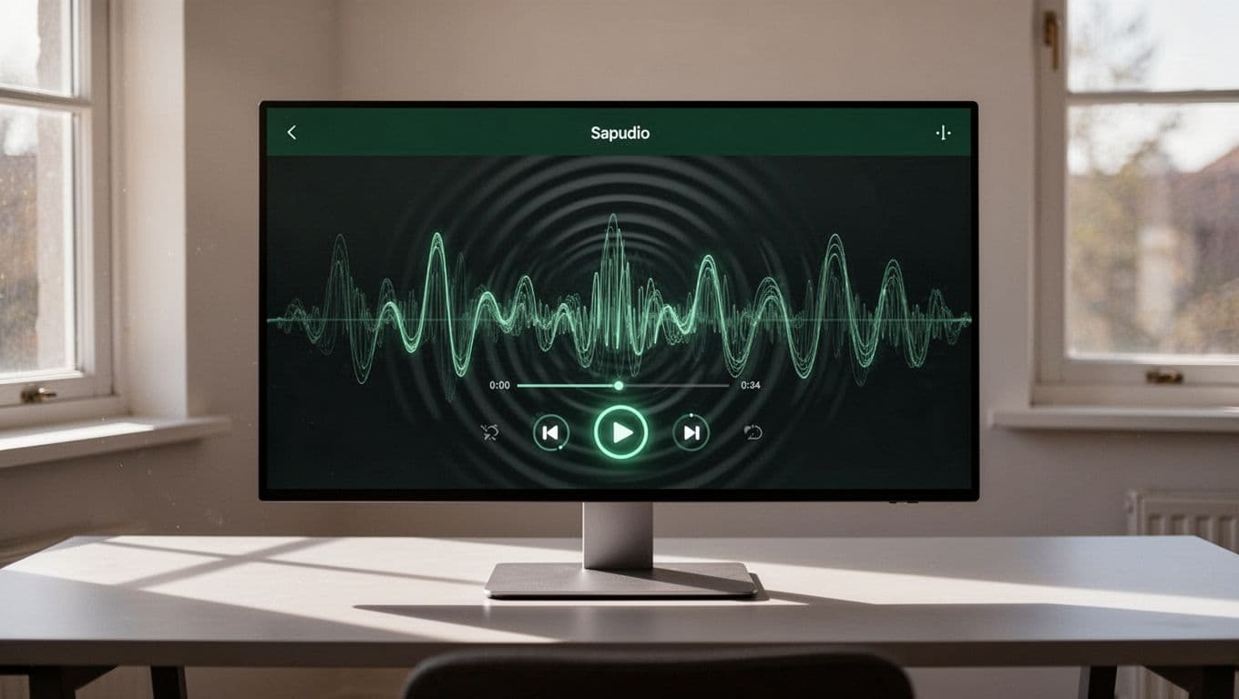An audio player interface for website accessibility on a clean desk with a dark green header.