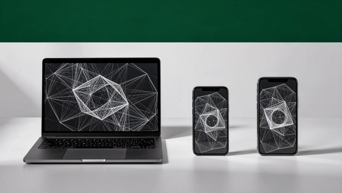 A laptop and smartphone showing wireframe designs with a top banner labeled device testing.