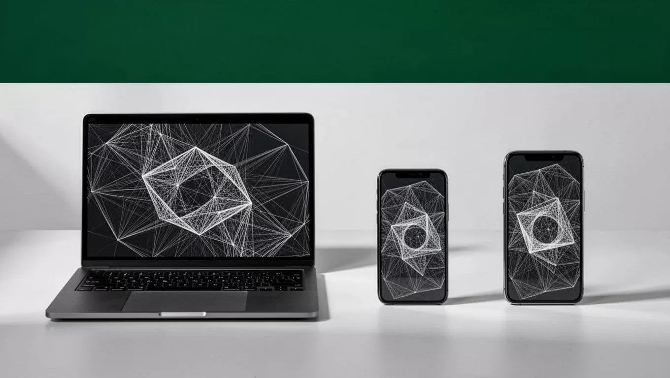 A laptop and smartphone showing wireframe designs with a top banner labeled device testing.